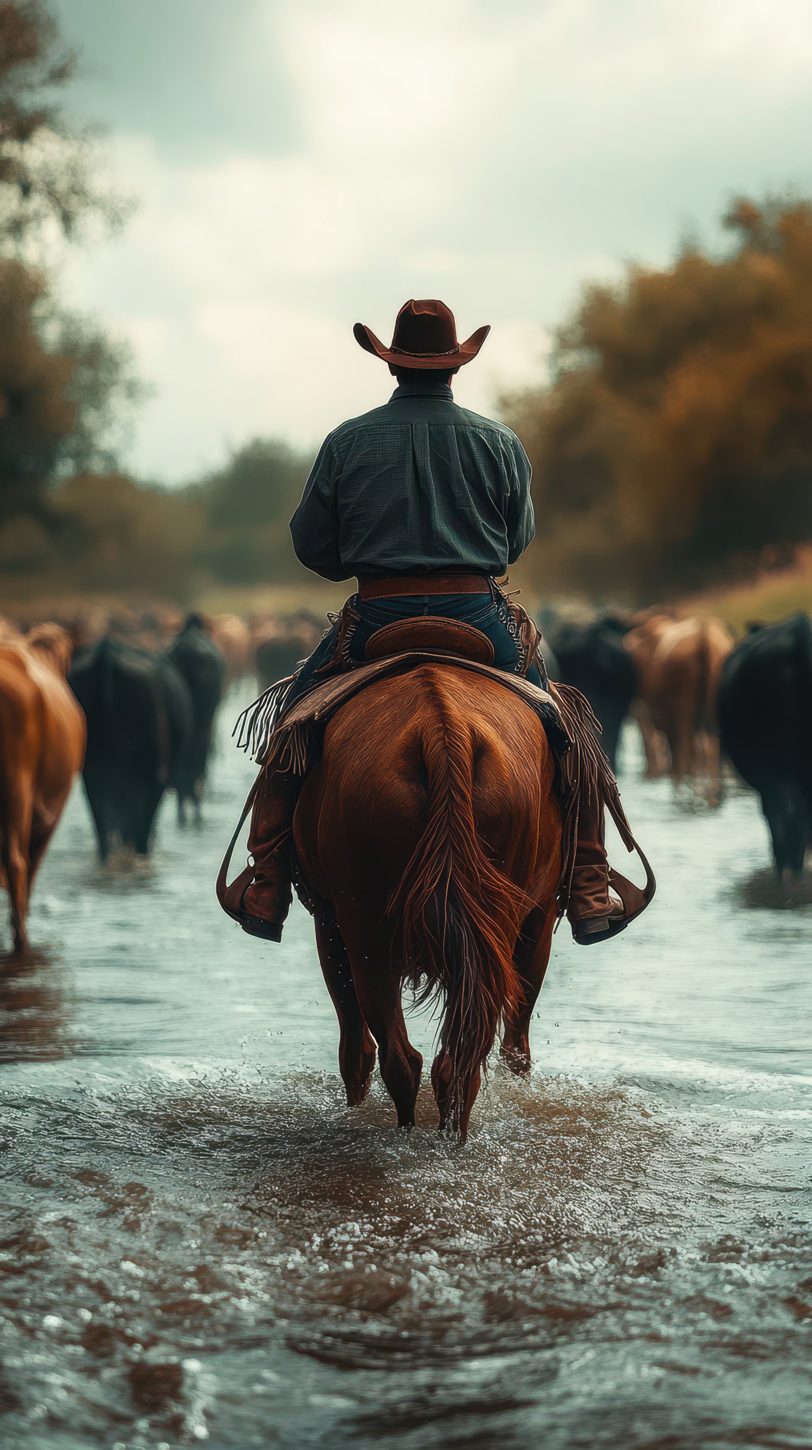Cowboy guiding cattle through a river in a serene landscape during the late afternoon